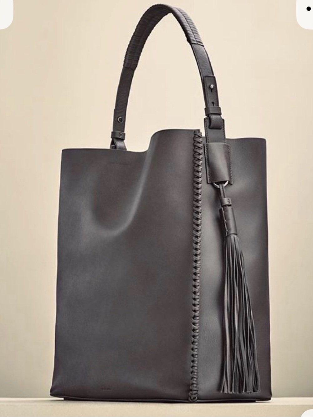 AllSaints Black Leather Tote with Braided Trim and Tassel